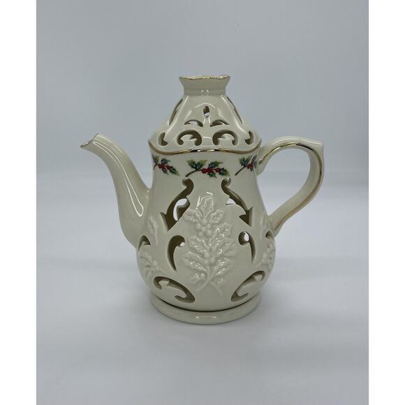 Partylite Holiday Christmas Porcelain Teapot Holly Leaf - Picture 2 of 5